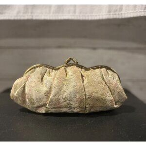 Vintage Brocade Gold Frame Clutch Purse With Satin Lining & Kiss Lock Closure